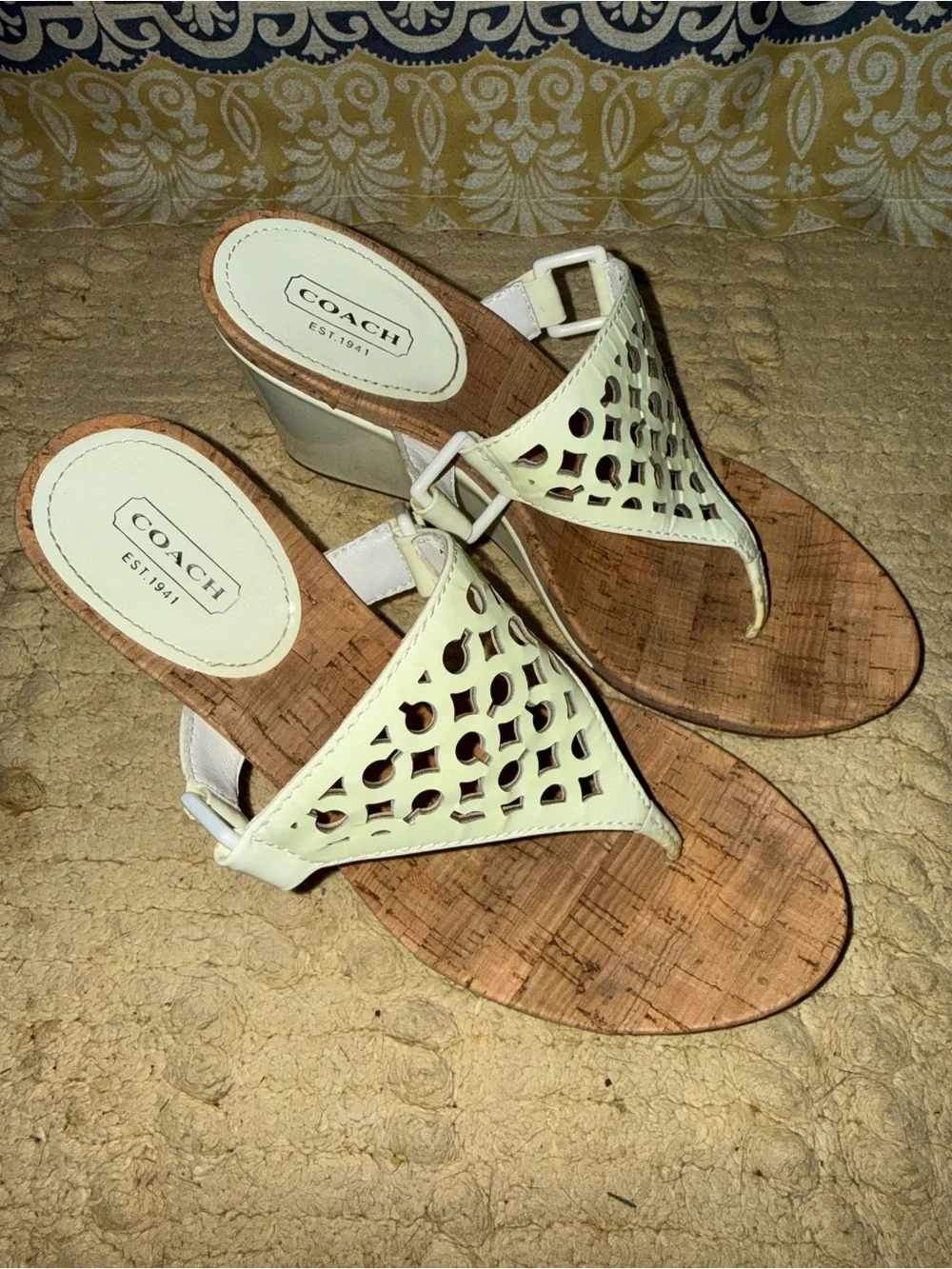 Coach White Laser-Cut Cork Wedge Sandals